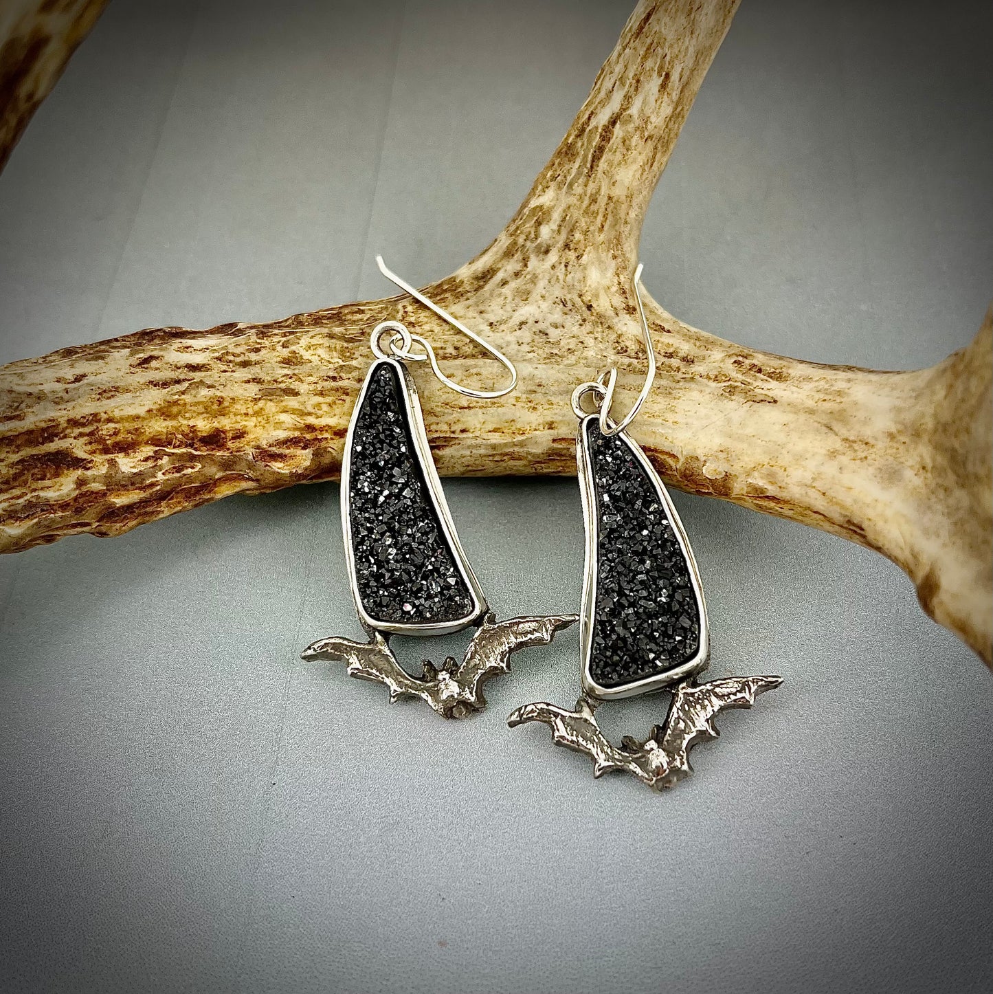 Sterling Silver Bat Earrings with Black Druzy