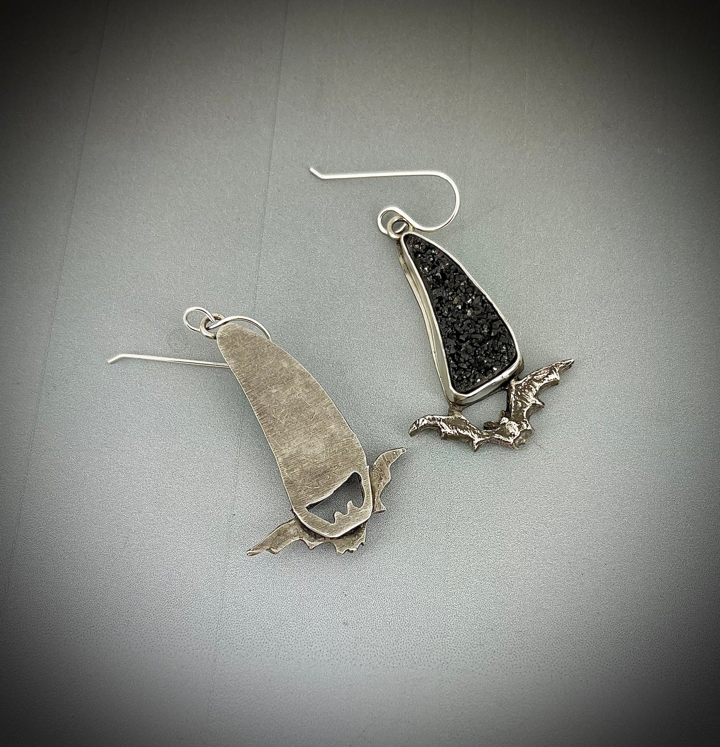 Sterling Silver Bat Earrings with Black Druzy