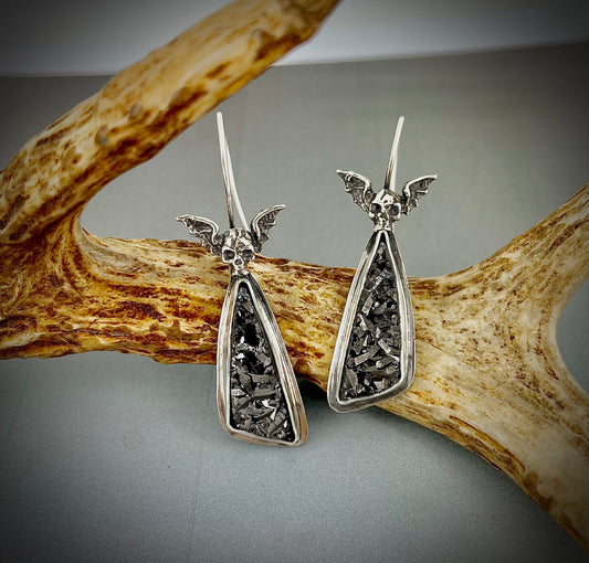 Winged Skull Earrings with Black Druzy in Sterling Silver