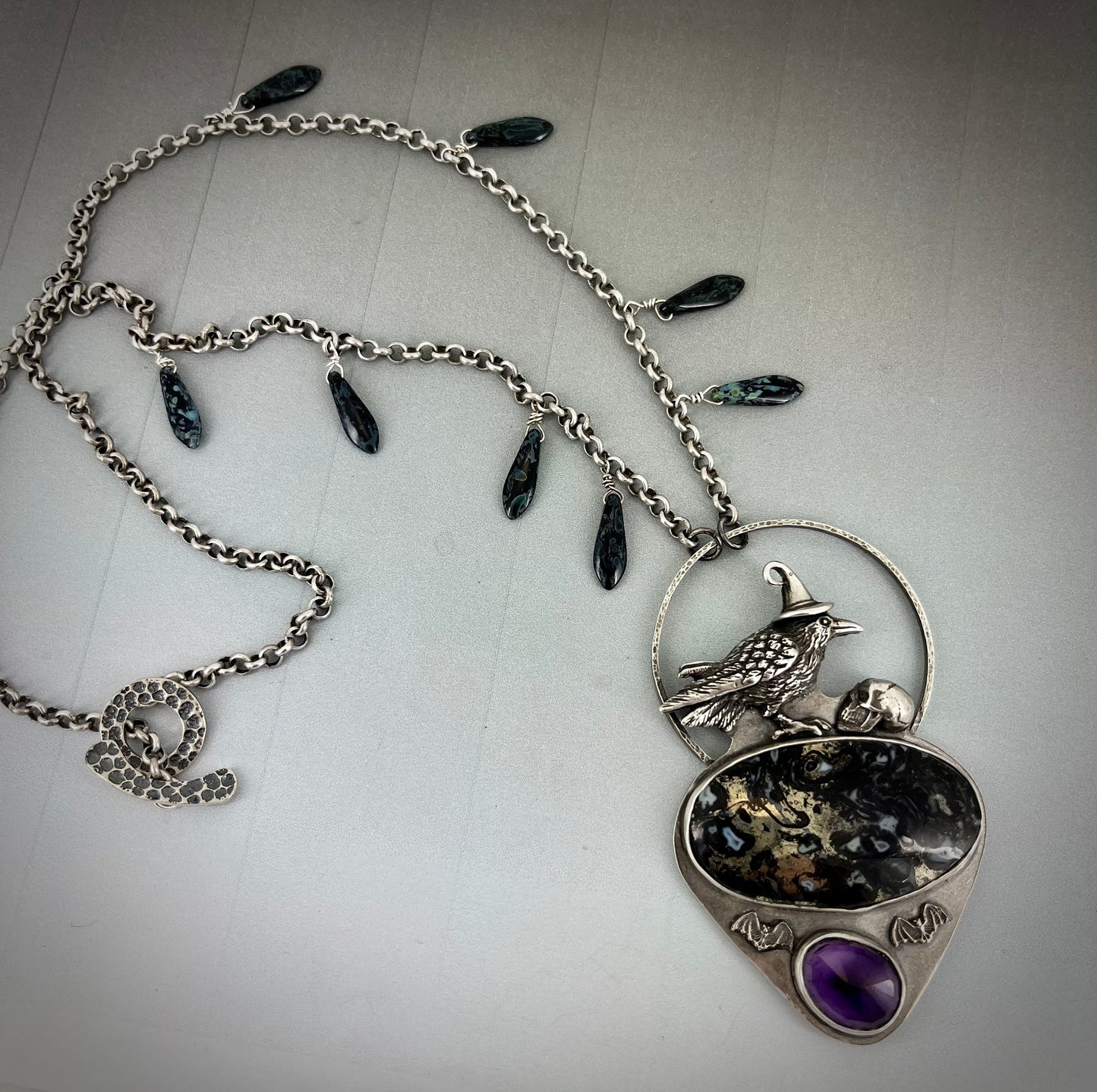 Sterling Raven with Skull Necklace