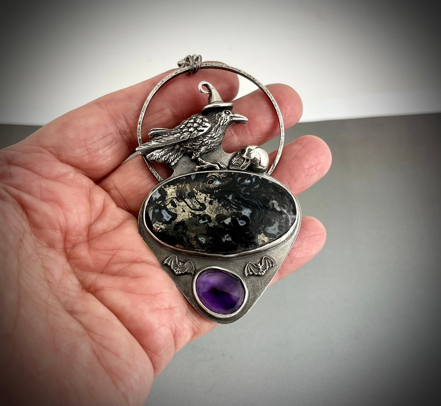 Sterling Raven with Skull Necklace