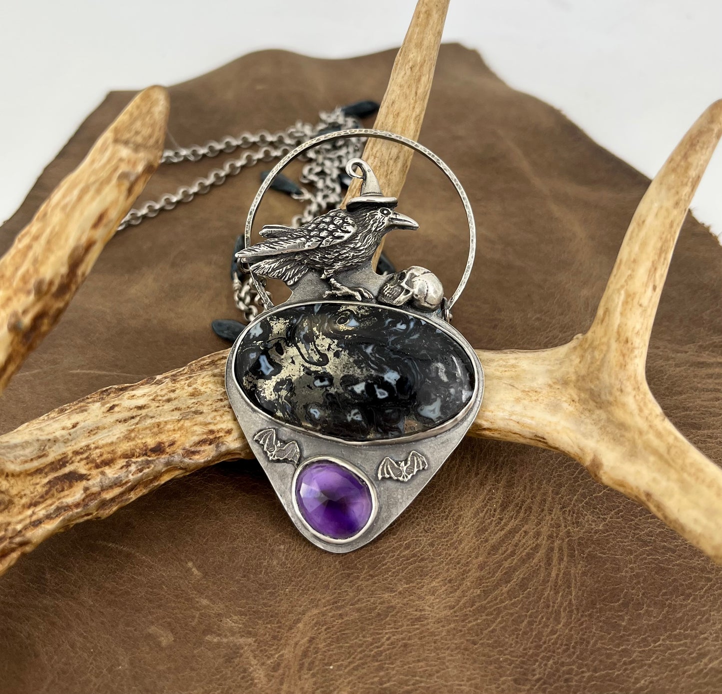 Sterling Raven with Skull Necklace