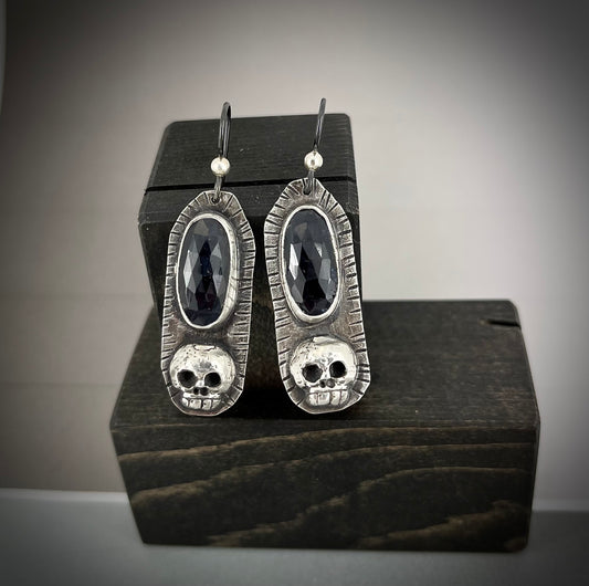 Skull Earrings in Sterling Silver with Blue Sapphires