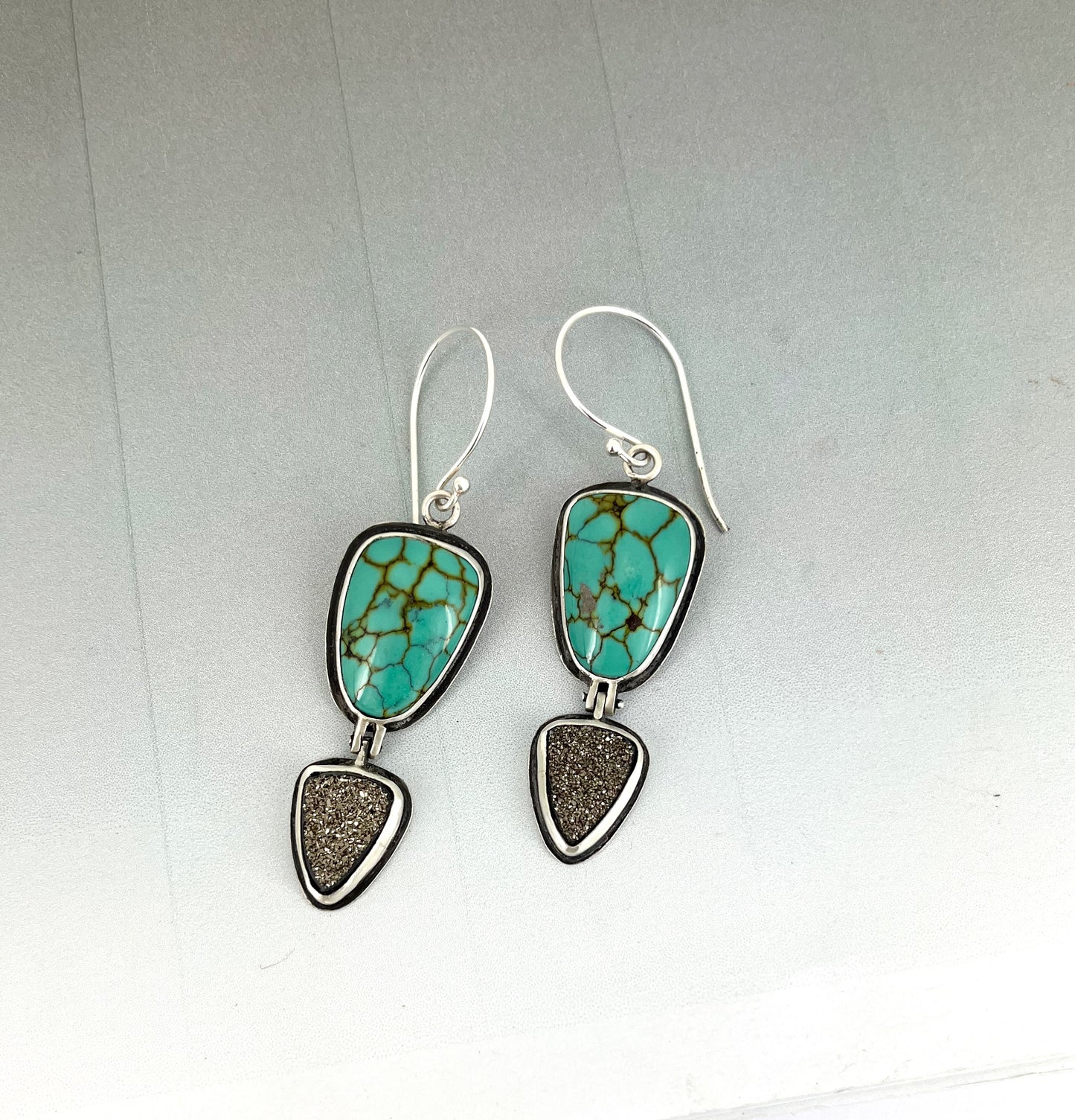 Hinged Turquoise and Black Druzy Earrings in Sterling Silver