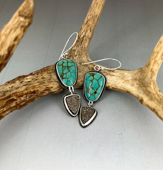 Hinged Turquoise and Black Druzy Earrings in Sterling Silver