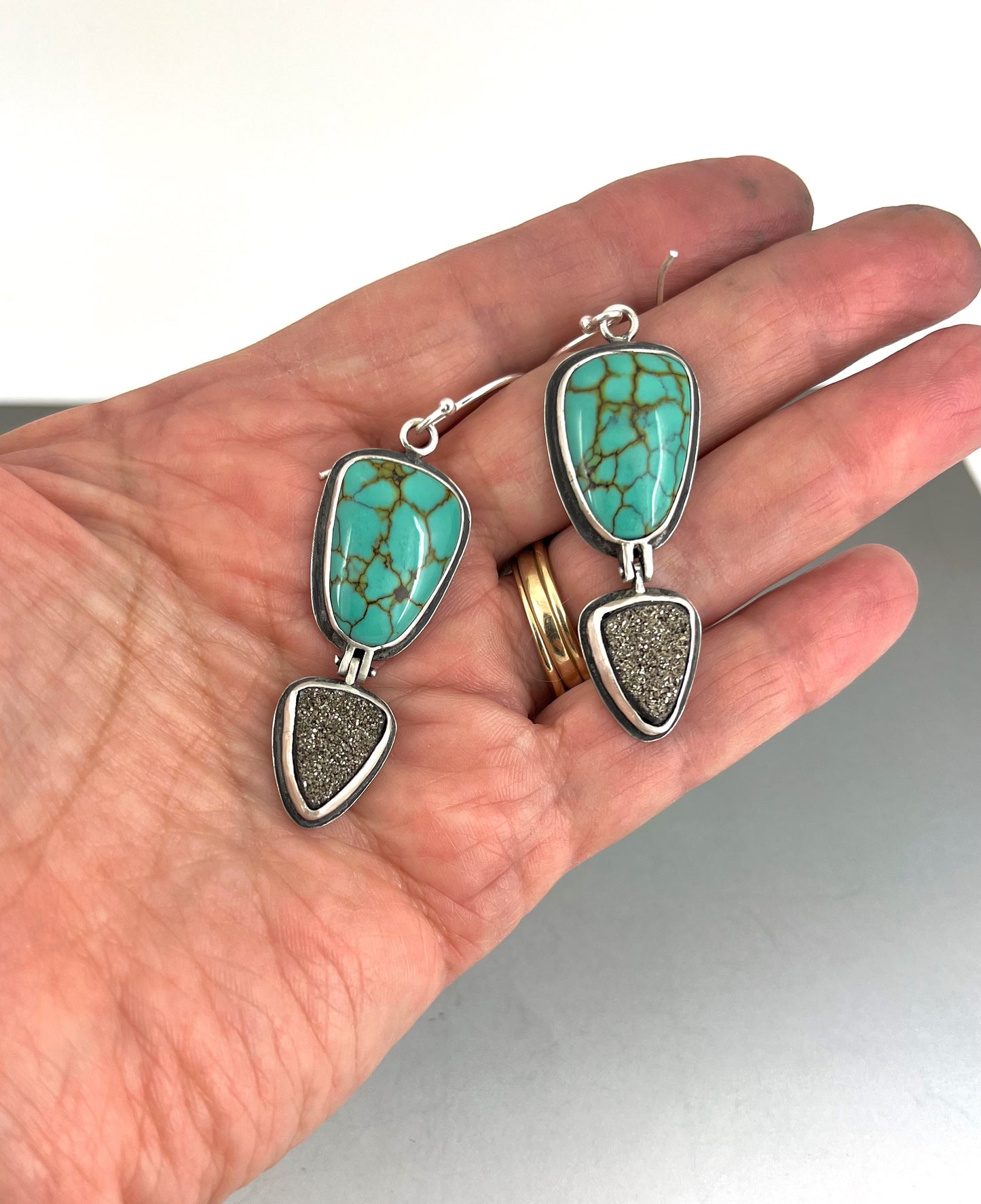 Hinged Turquoise and Black Druzy Earrings in Sterling Silver