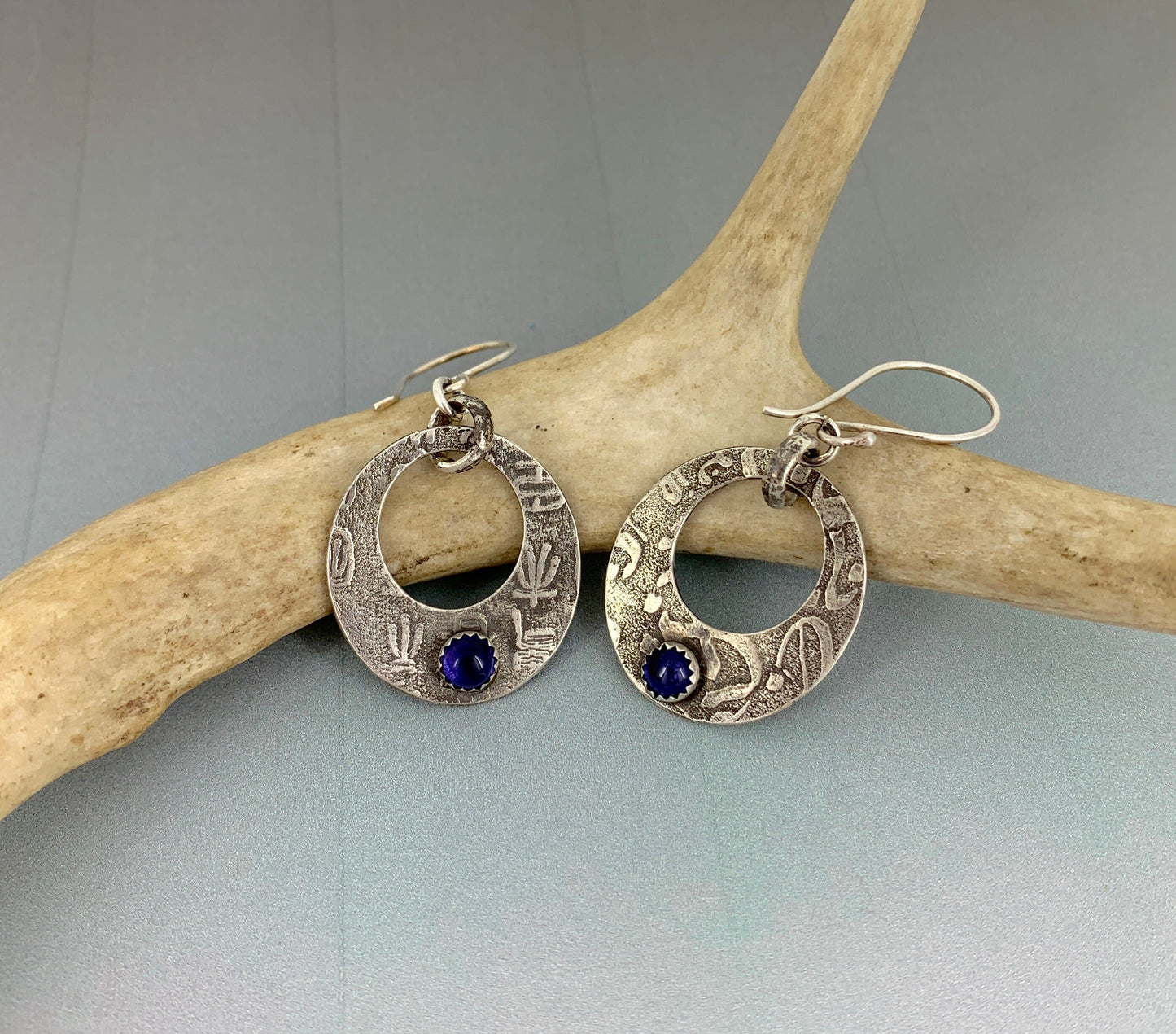 Textured Sterling Silver Earrings with Iolite Cabochons