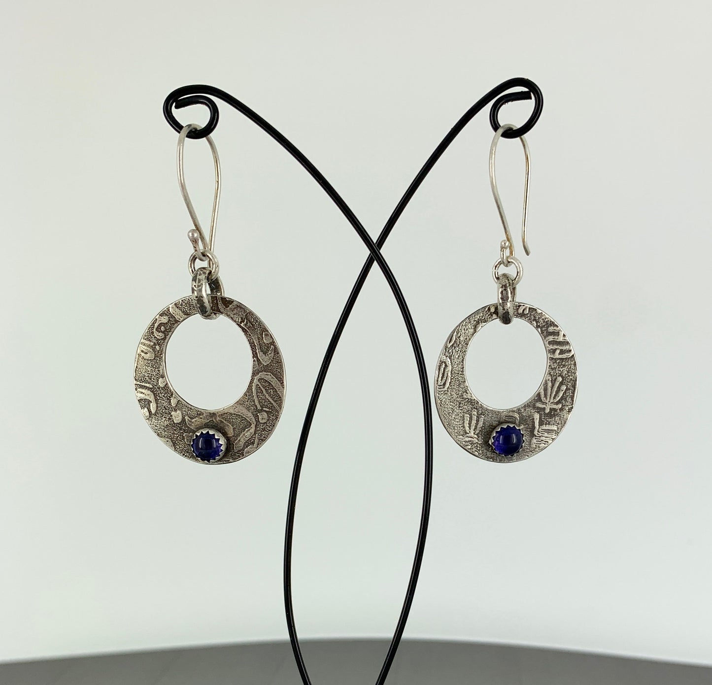 Textured Sterling Silver Earrings with Iolite Cabochons