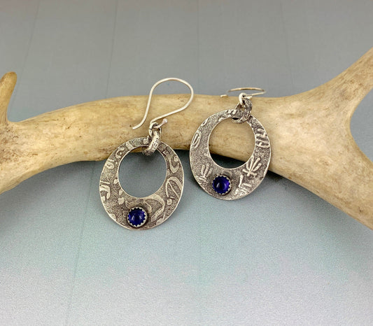 Textured Sterling Silver Earrings with Iolite Cabochons