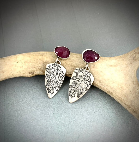 Pink Sapphire Sterling Silver Leaf Post Earrings