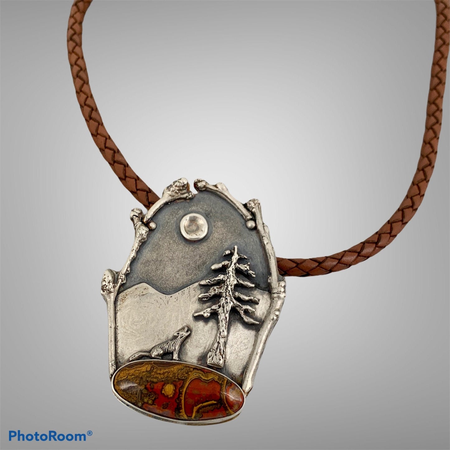 Northwest Sterling Pendant with Moroccan Seam Agate and Braided Leather