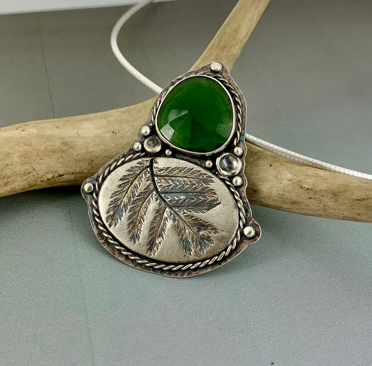 Natural Fern Sterling Silver Necklace with Green Serpentine