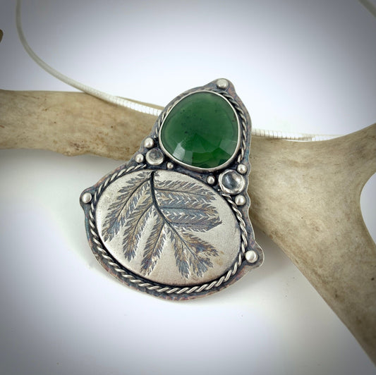 Natural Fern Sterling Silver Necklace with Green Serpentine