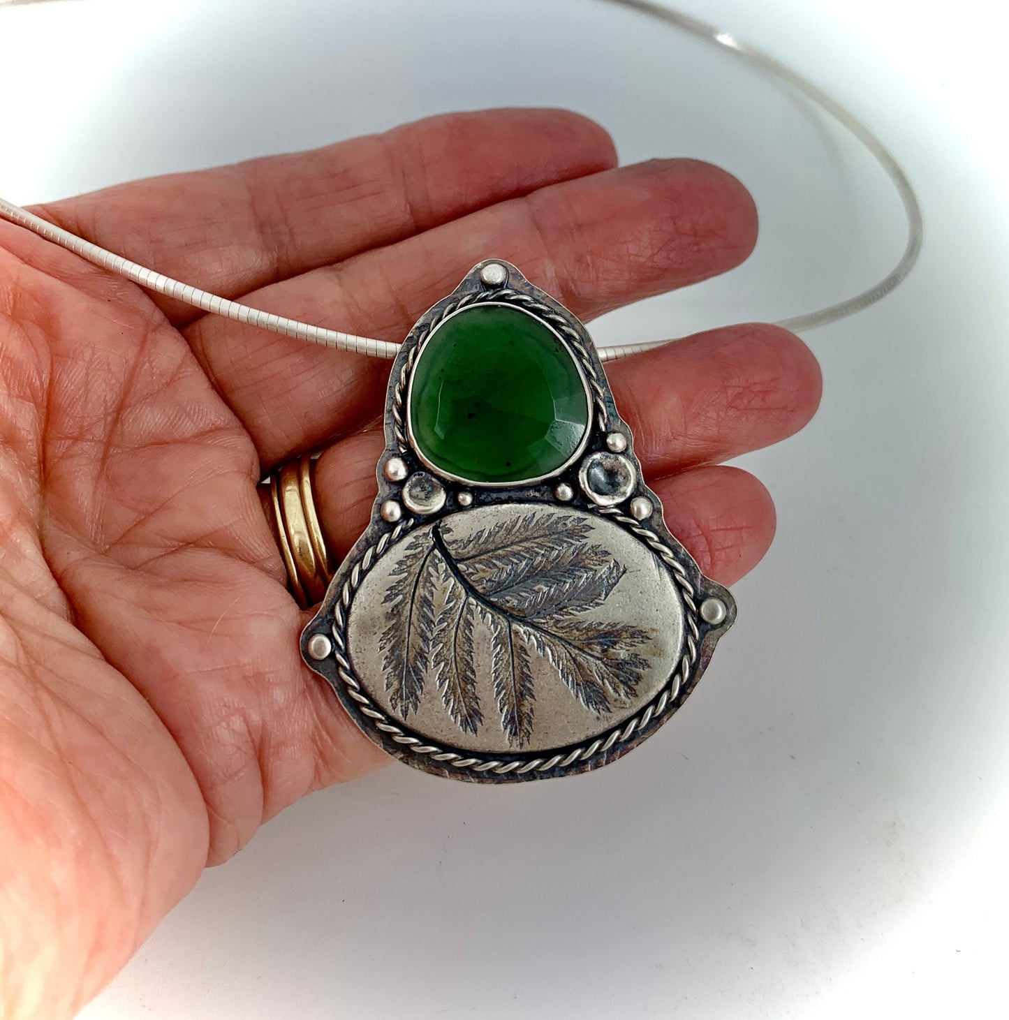 Natural Fern Sterling Silver Necklace with Green Serpentine