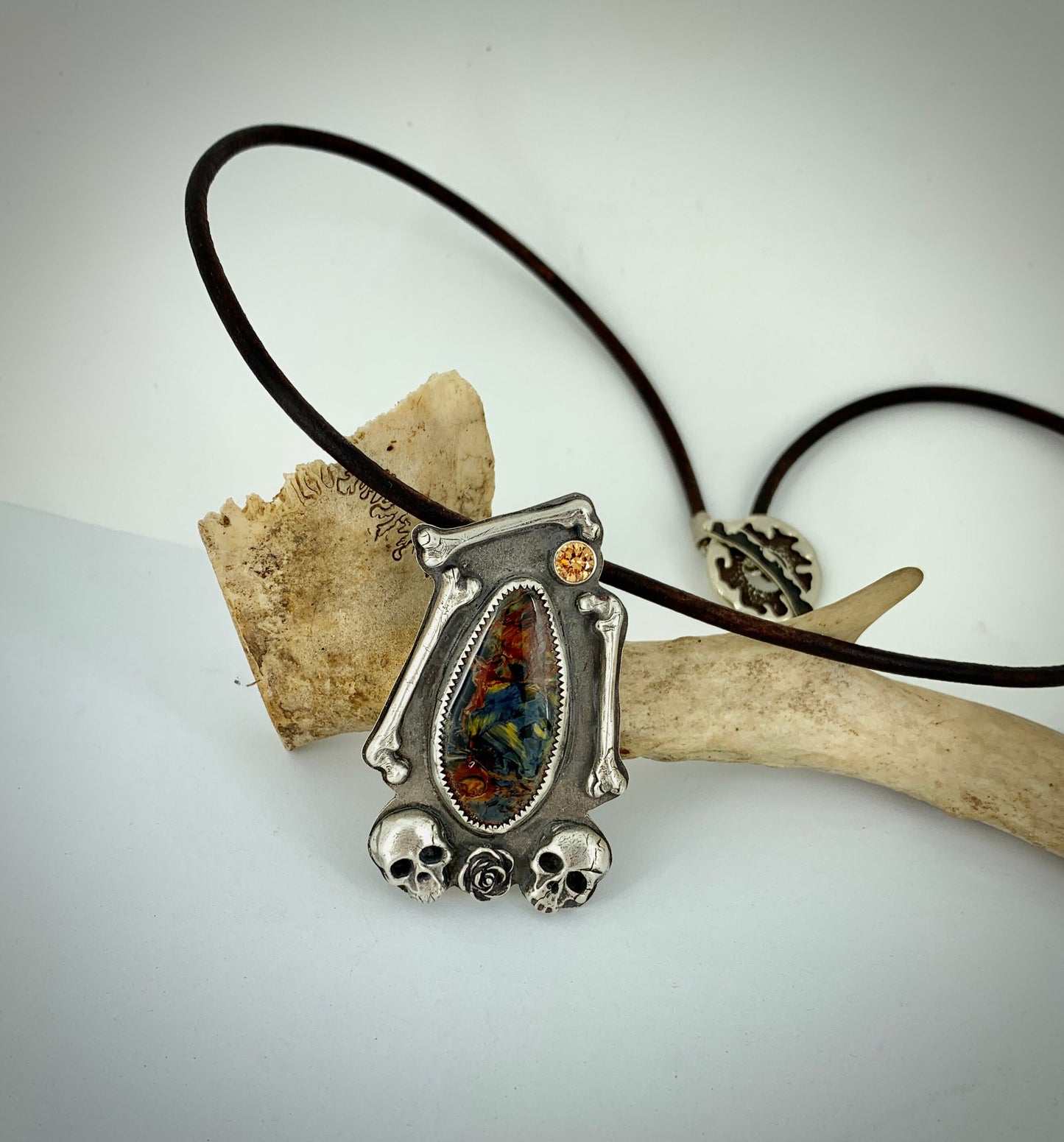 Skull and Bones Necklace in Sterling Silver with Pietersite