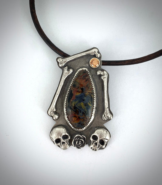 Skull and Bones Necklace in Sterling Silver with Pietersite