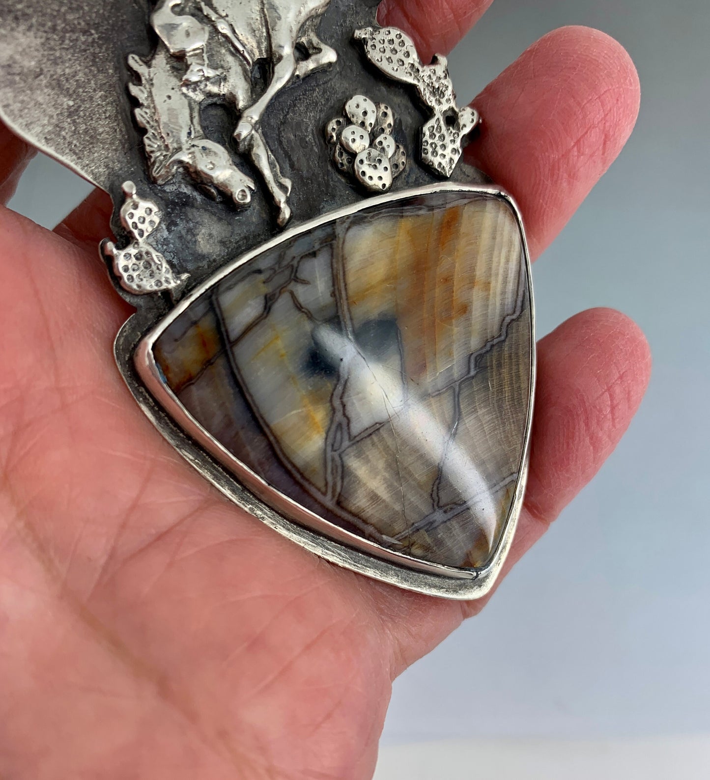 Rodeo Cowboy in Sterling Silver with Channel Wood Cabochon