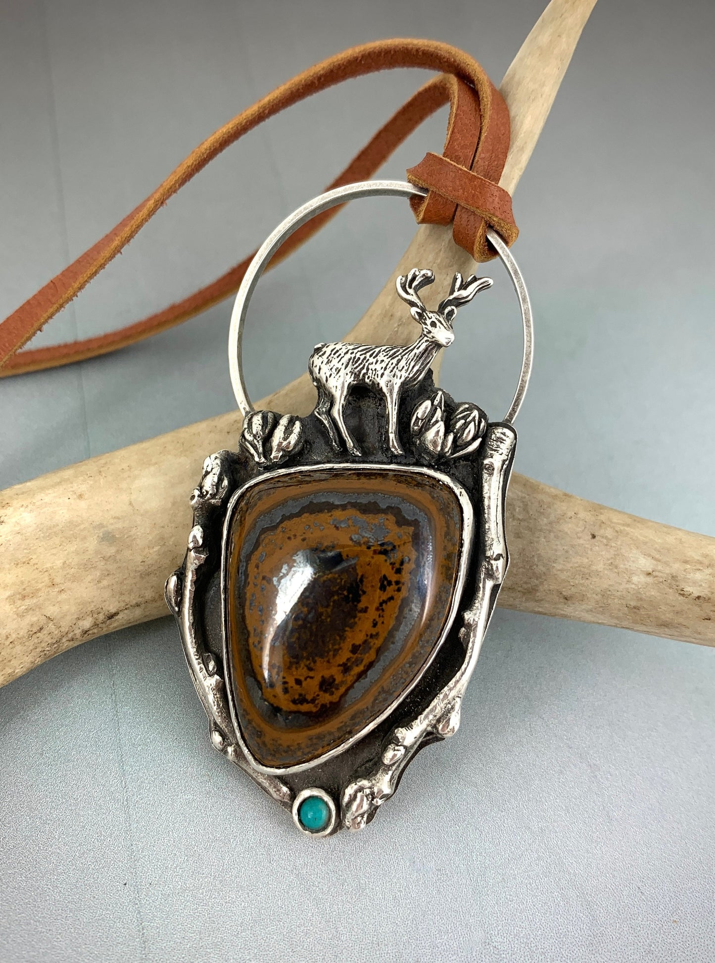 Sterling Silver Woodland Necklace with Tiger Iron Cabochon