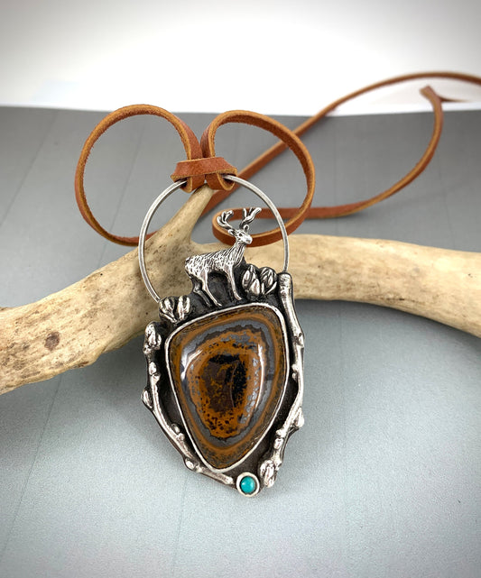 Sterling Silver Woodland Necklace with Tiger Iron Cabochon