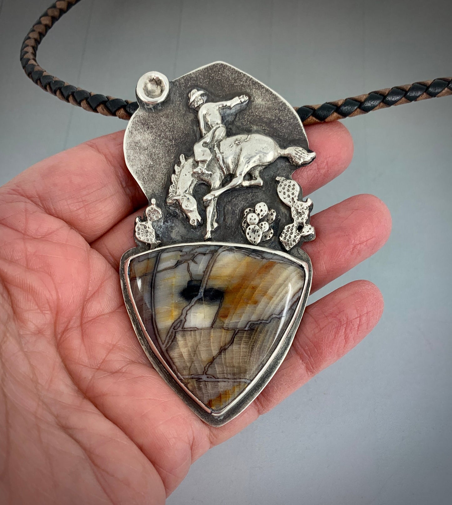 Rodeo Cowboy in Sterling Silver with Channel Wood Cabochon