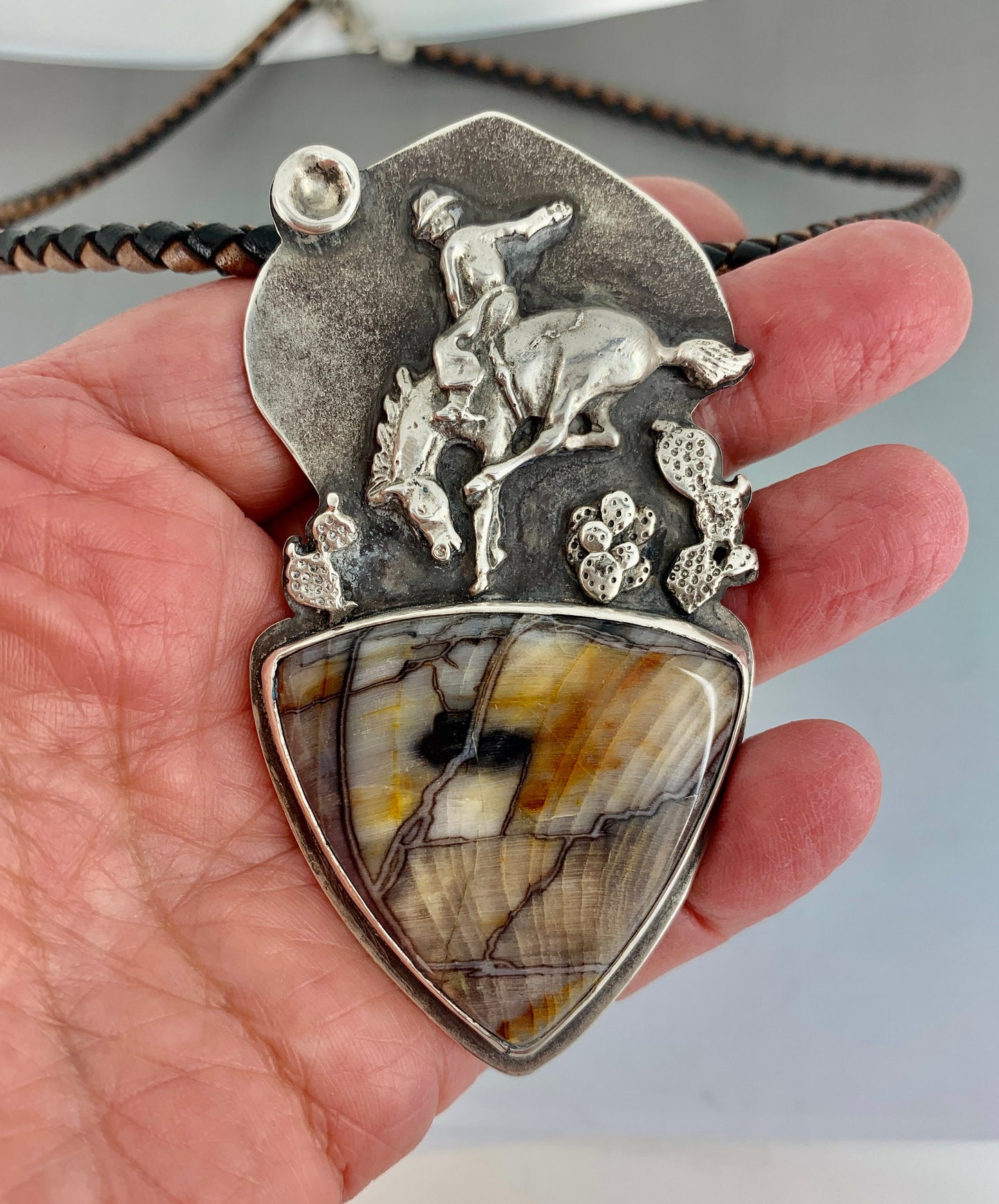 Rodeo Cowboy in Sterling Silver with Channel Wood Cabochon