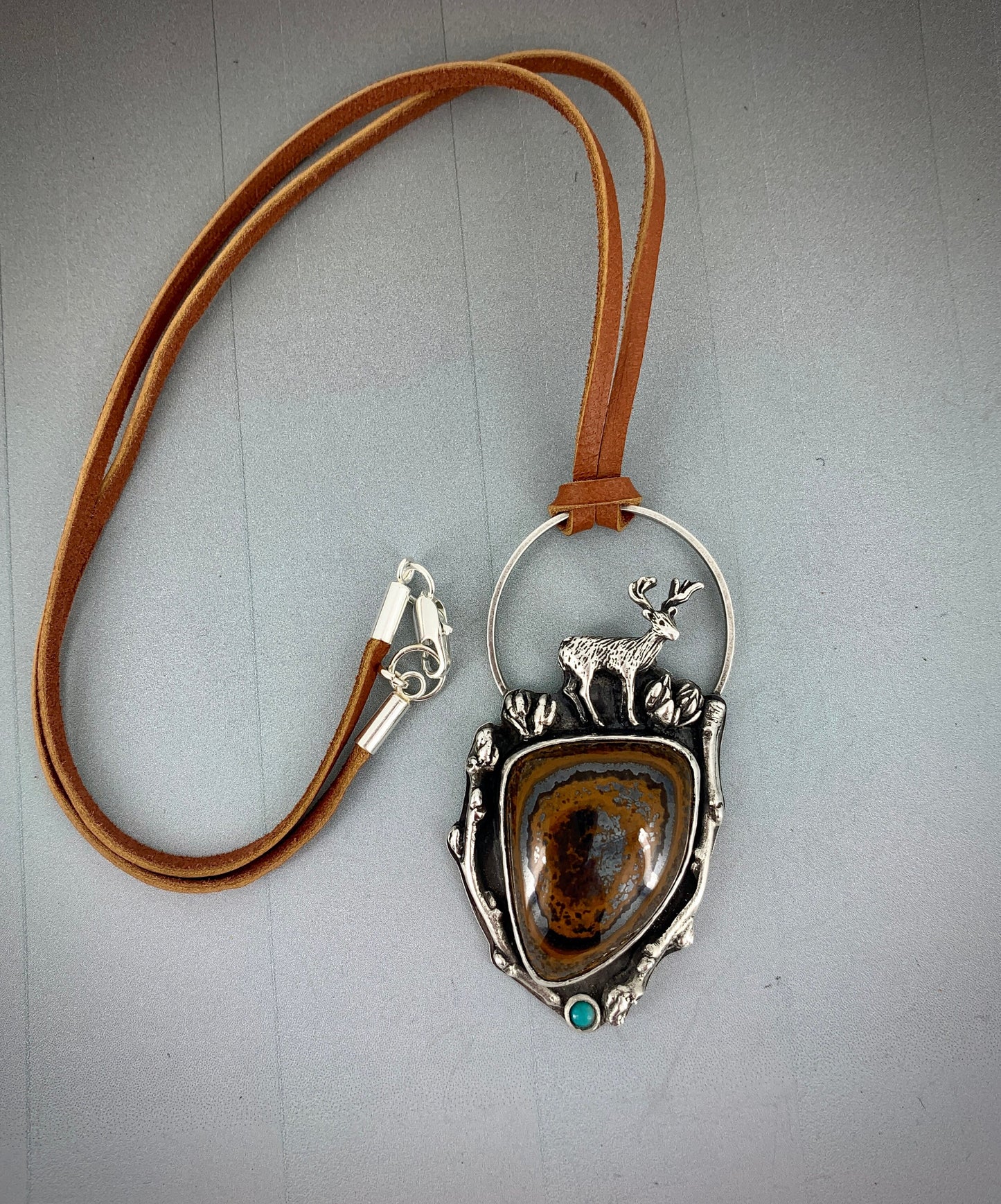 Sterling Silver Woodland Necklace with Tiger Iron Cabochon