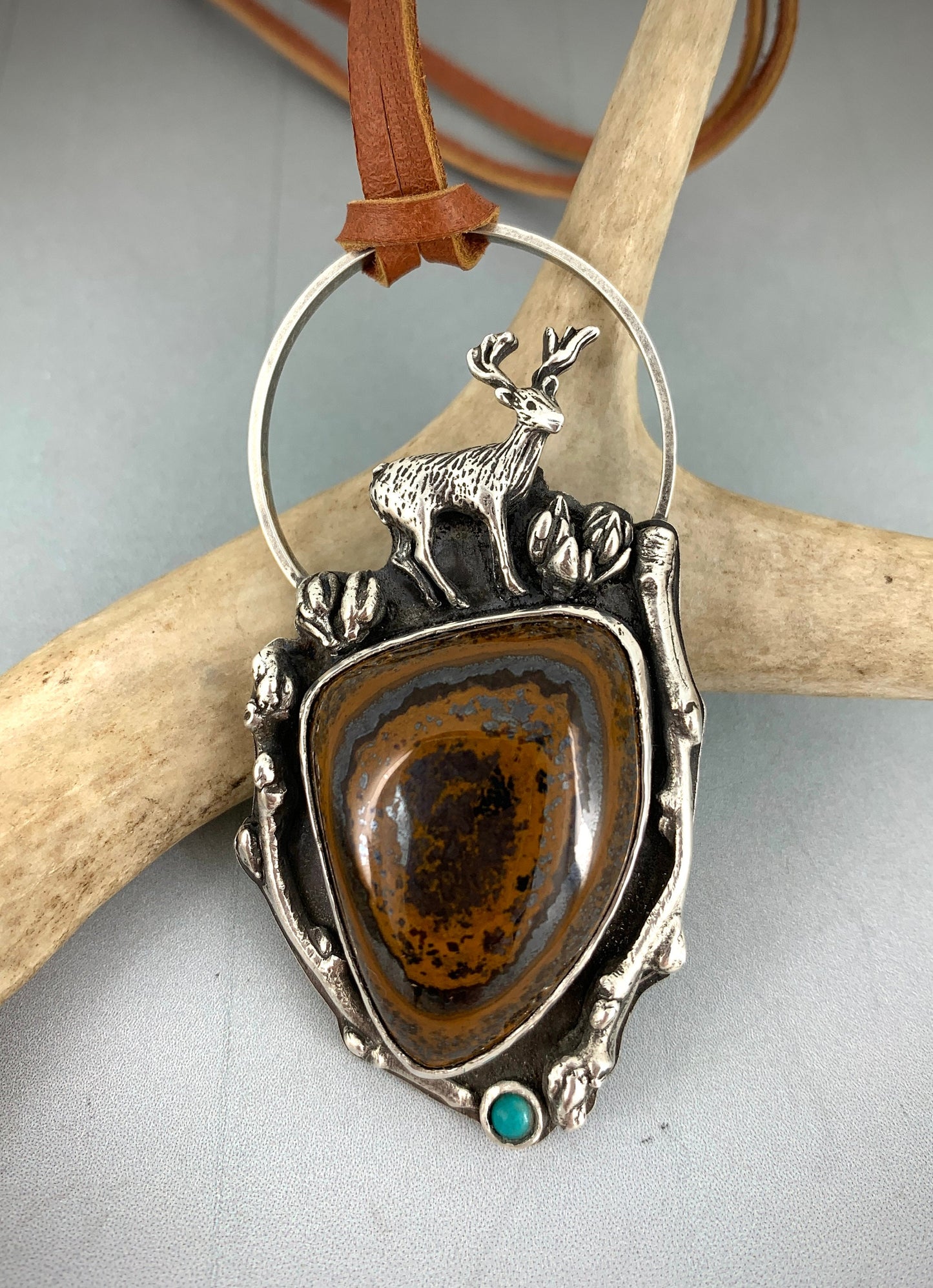 Sterling Silver Woodland Necklace with Tiger Iron Cabochon