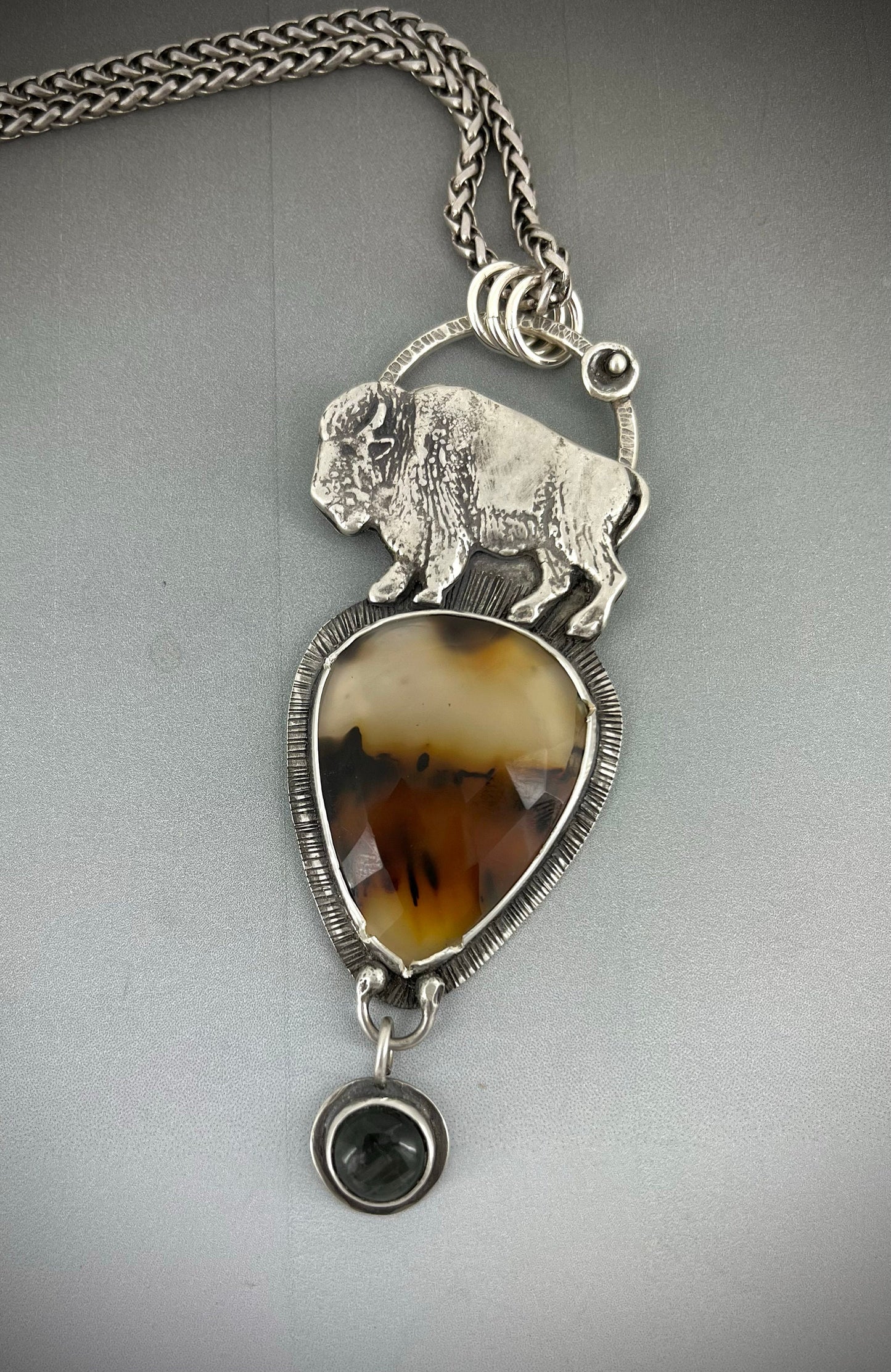 Western Pendant with Montana Agate, Labradorite and Buffalo in Sterling Silver