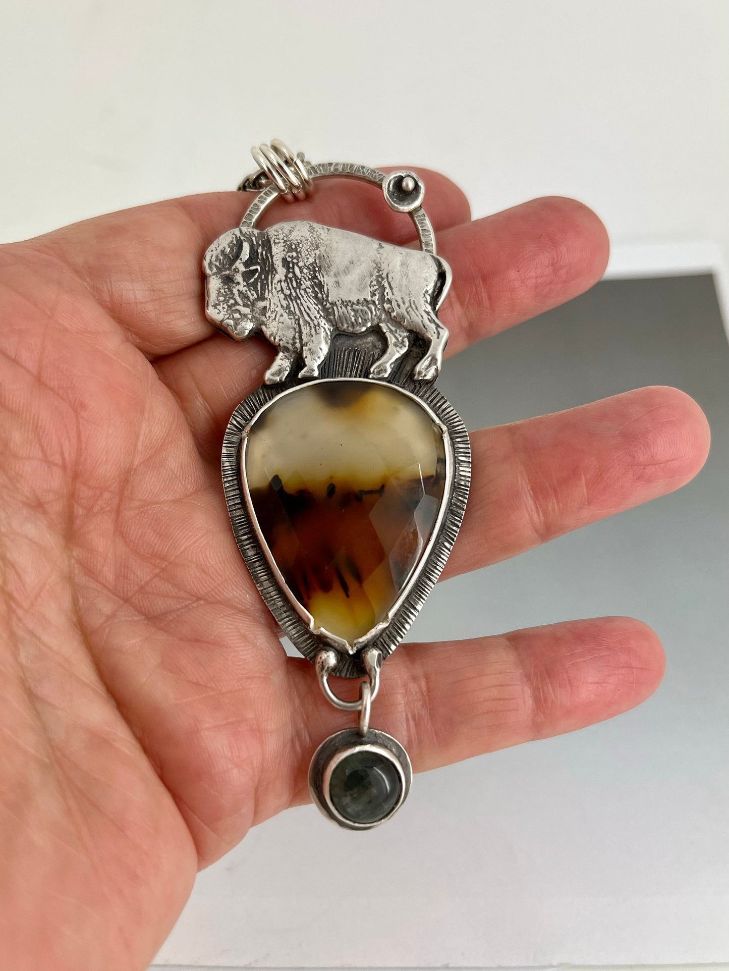 Western Pendant with Montana Agate, Labradorite and Buffalo in Sterling Silver