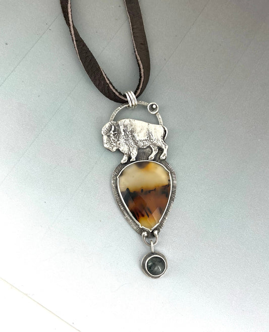 Western Pendant with Montana Agate, Labradorite and Buffalo in Sterling Silver